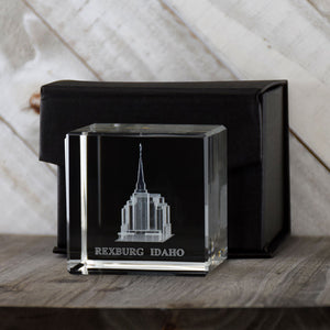 Rexburg Idaho Temple Laser Engraved Crystal Cube