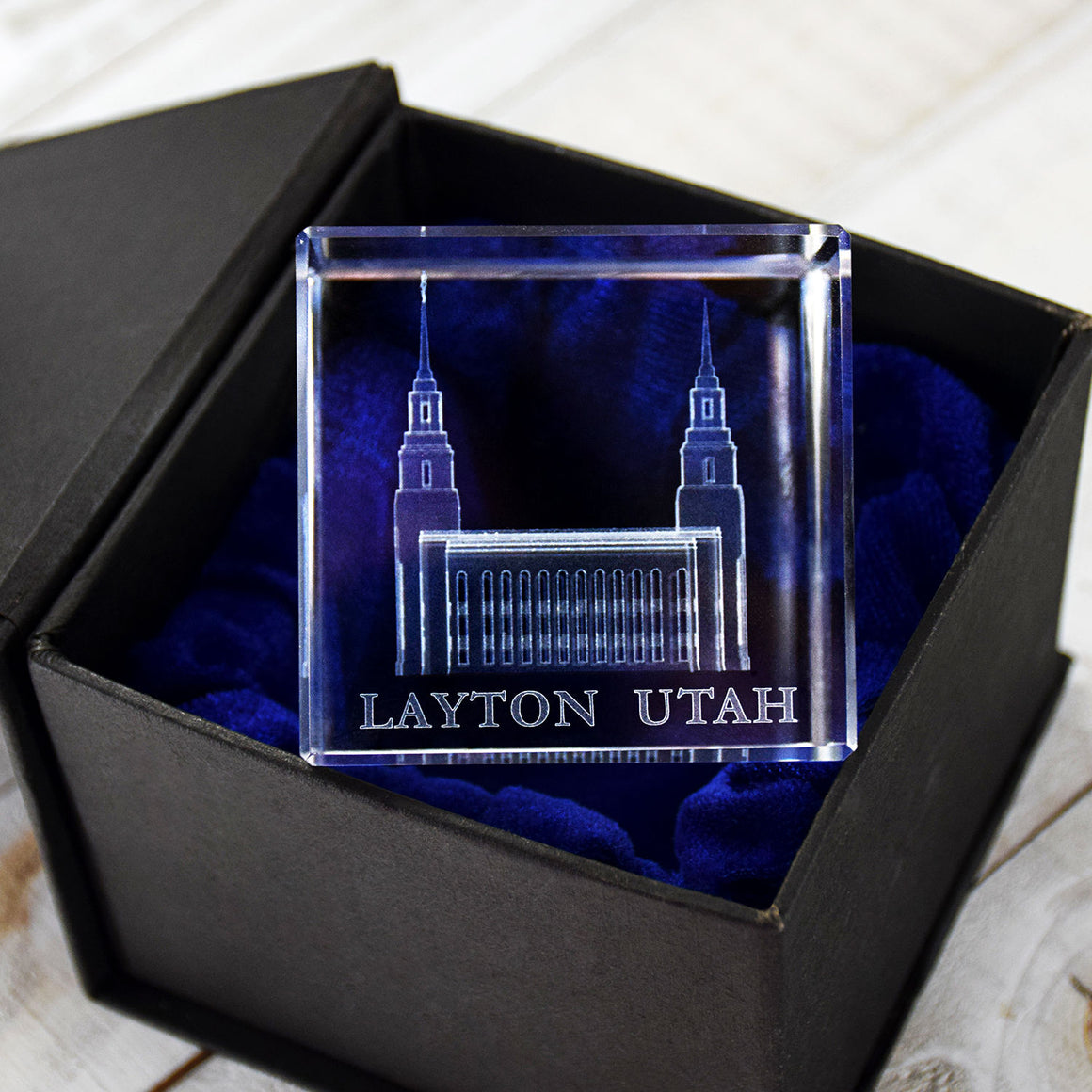 Ringmasters Layton Utah Temple Laser Engraved Crystal Cube