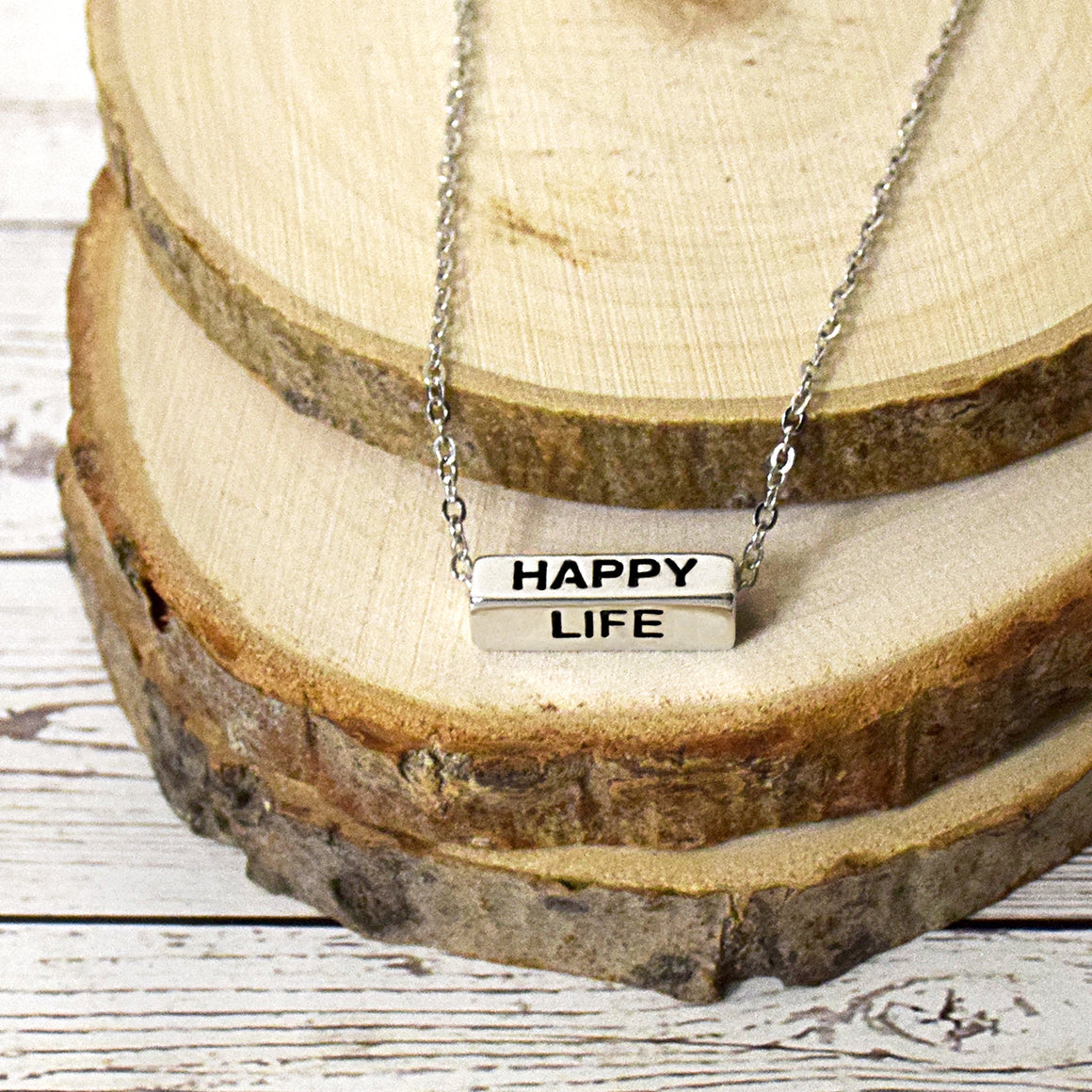 Happy Life Necklace - Silver Finish Bar Necklace