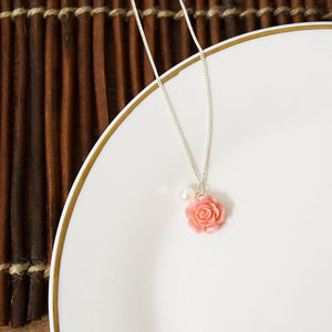Dainty Rose Necklace - Silver finish with imitation white pearl