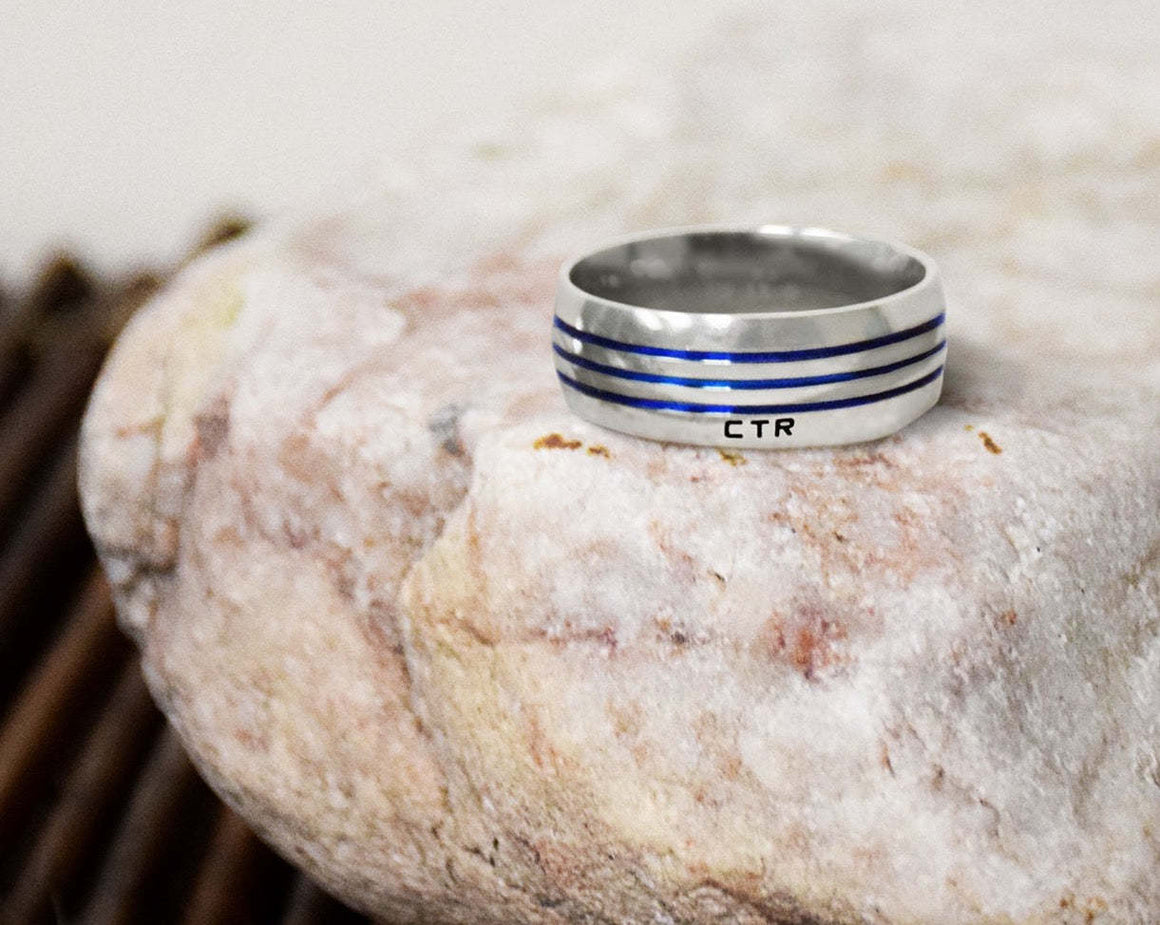 Azure Stripe CTR Men's Designer Ring - Stainless Steel