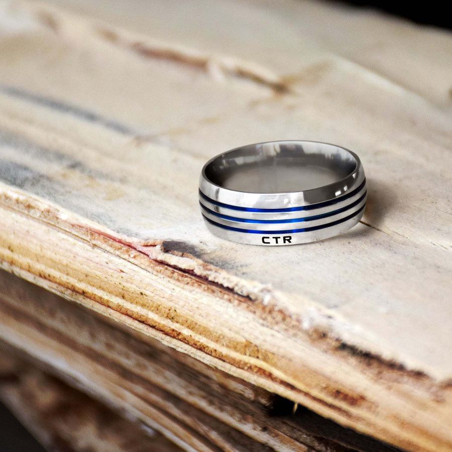 Azure Stripe CTR Men's Designer Ring - Stainless Steel