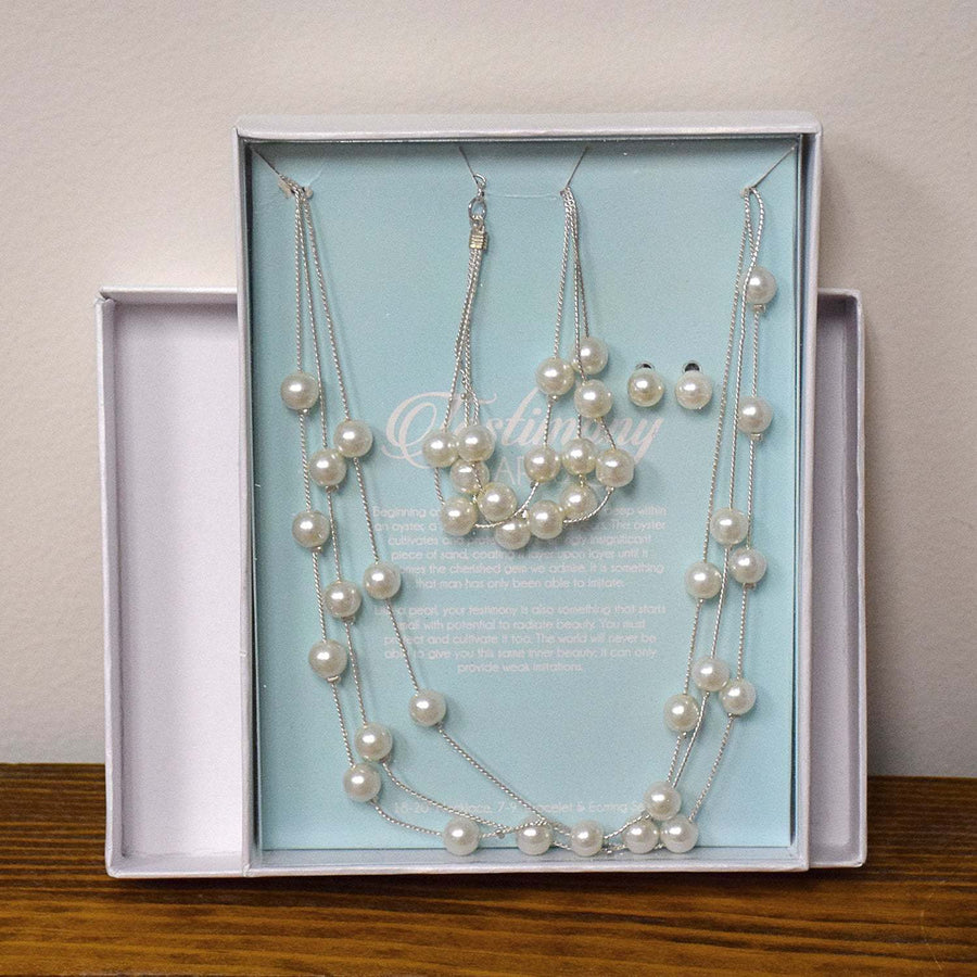 Testimony Pearls Set Adult Baptism Gift Necklace, Bracelet and Post Earring Set