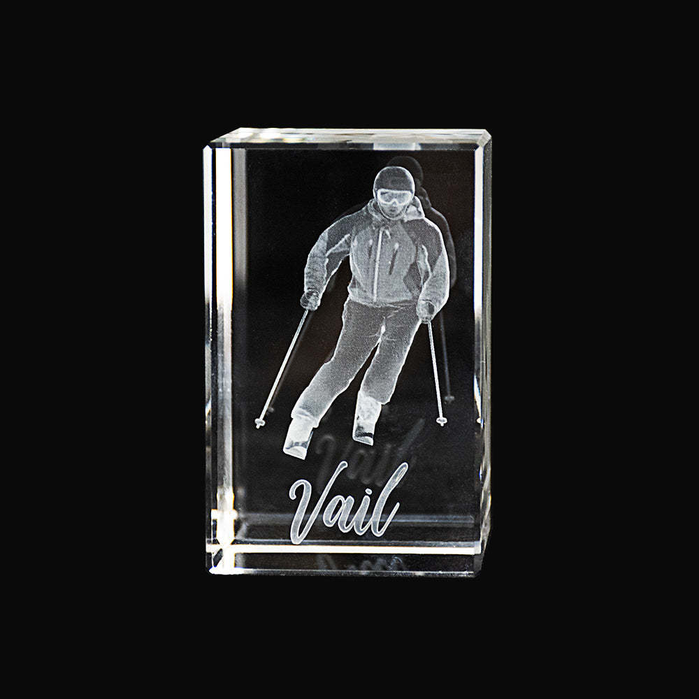 Vail Skier Laser-Engraved Crystal Cube