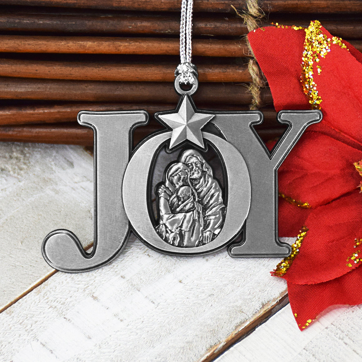 Joy Nativity Antique Silver Christmas Ornament by Lifebeats