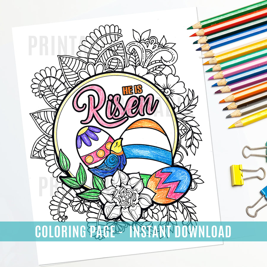 Easter Egg He Is Risen Coloring Page Set - Instant Download