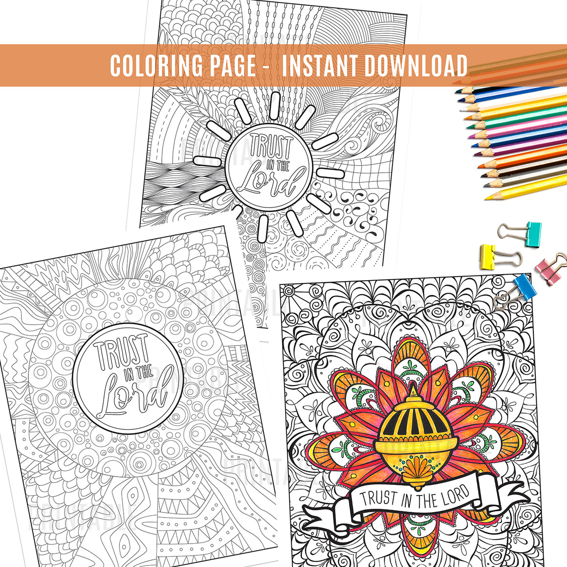 Trust in The Lord Coloring Page Set - Instant Download