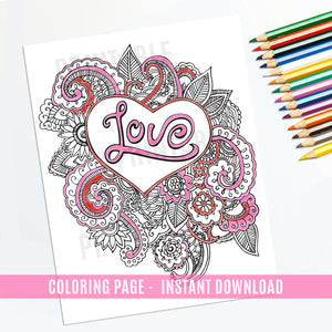 Love Valentines Coloring Page Set - Instant Download