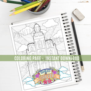 Logan Utah Temple - Families Are Forever -  Coloring Page - Instant Download