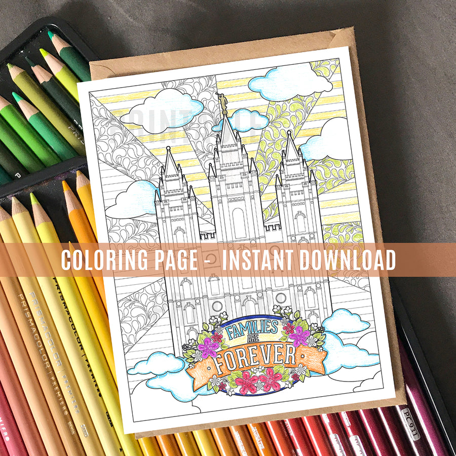 Salt Lake City Temple - Families Are Forever -  Coloring Page - Instant Download