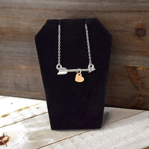 Go Confidently Arrow Necklace - Silver finish with gold heart charm