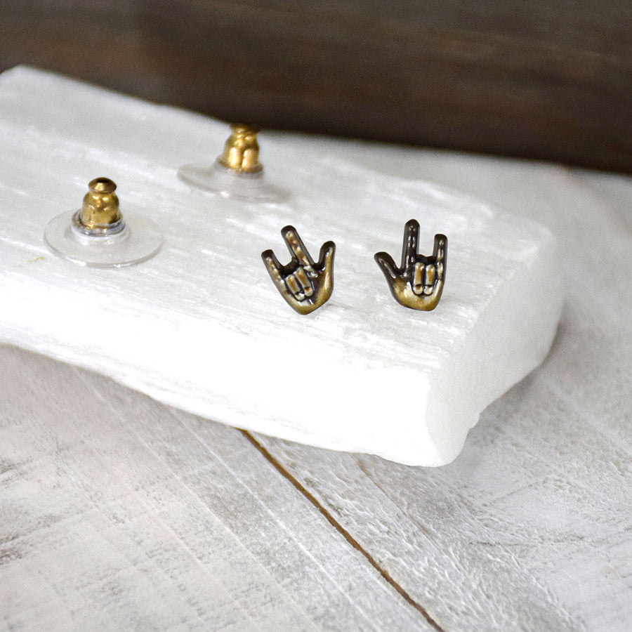Lifebeats American Sign Language Antique Gold Mini Post Earrings
