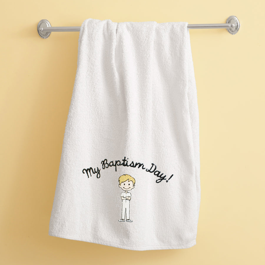 Blonde Boy Baptism Towel Embroidered with "My Baptism Day"