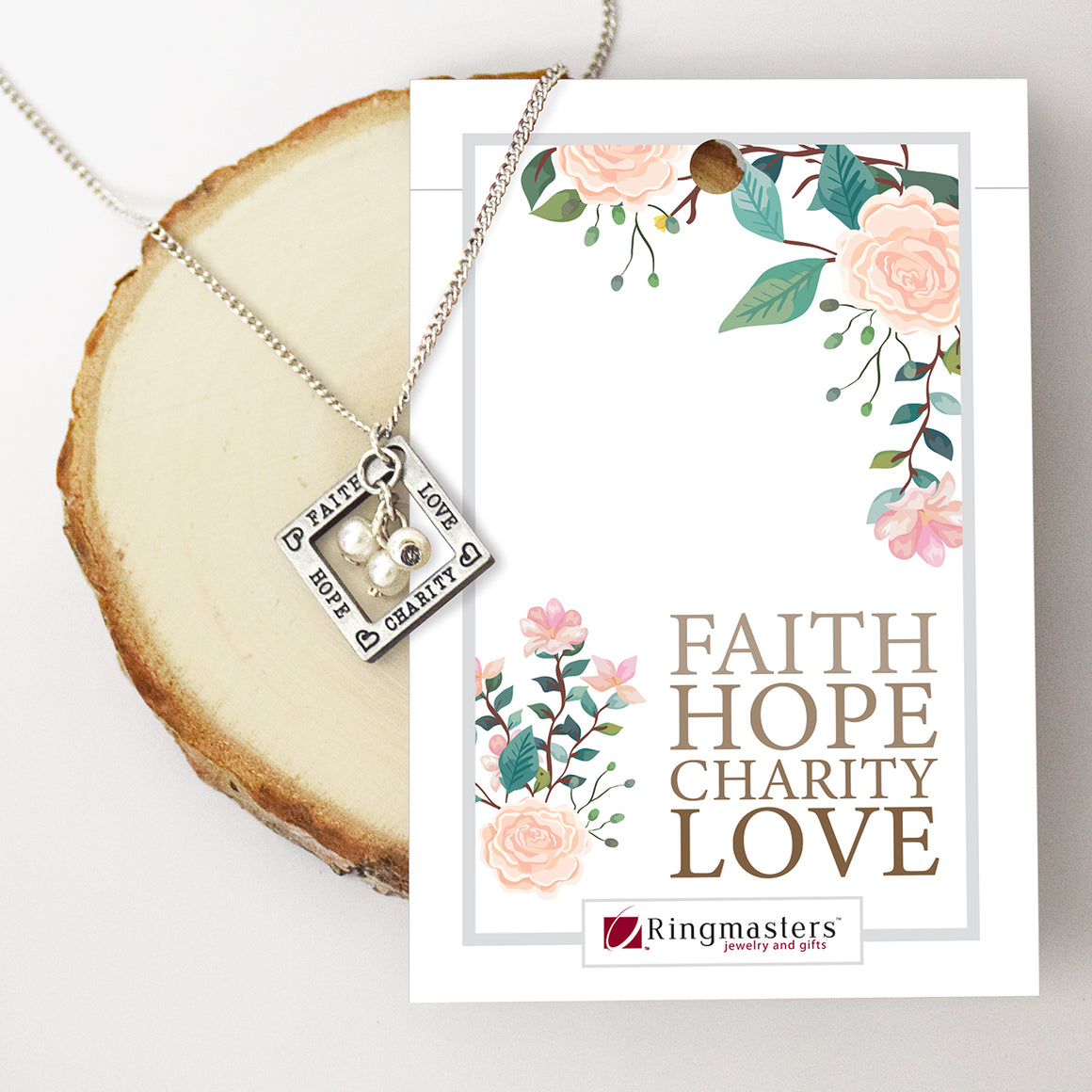 Faith Hope Charity and Love Pearl Necklace