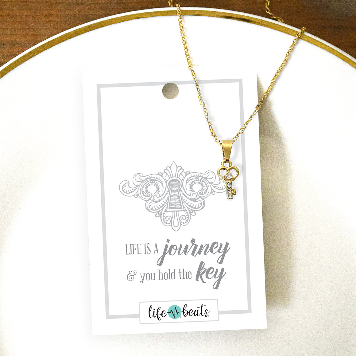 Life is a Journey - Dainty Key Necklace - Gold Finish Charm Necklace