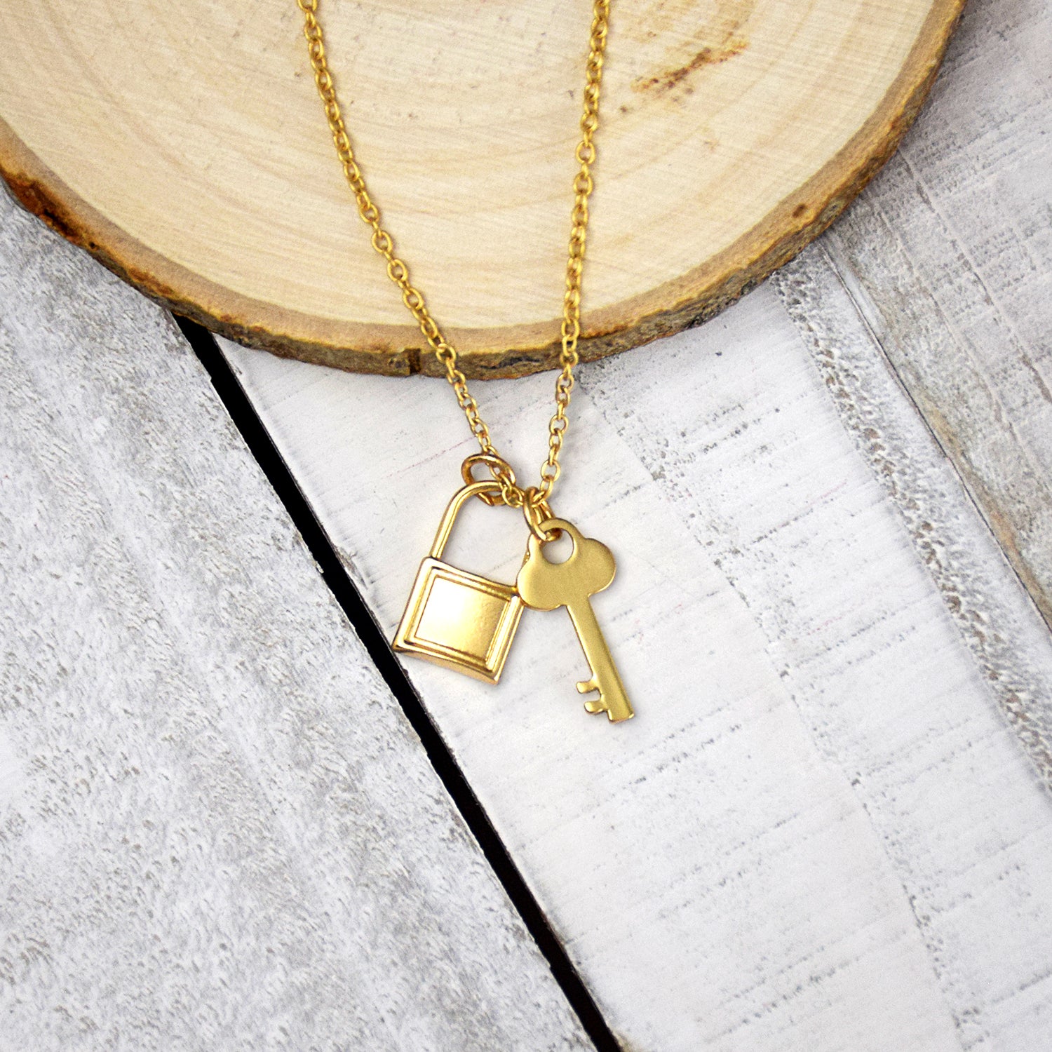 Golden Lock Key Charm Necklace, 18K Gold Plated, .925 Sterling Silver Everyday Dainty Necklace